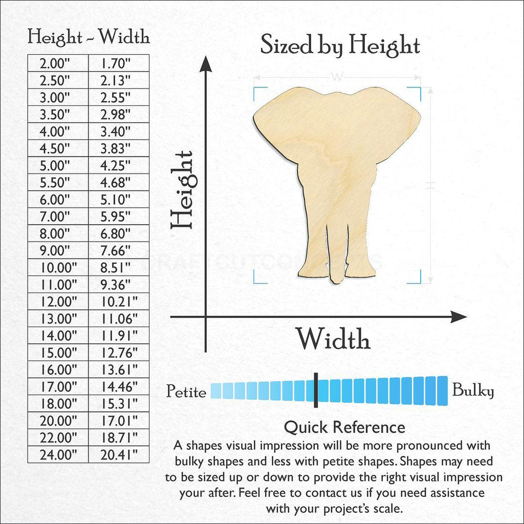 Sizes available for a laser cut Elephant -2 craft blank