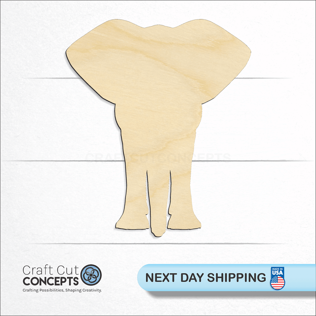 Craft Cut Concepts logo and next day shipping banner with an unfinished wood Elephant -2 craft shape and blank