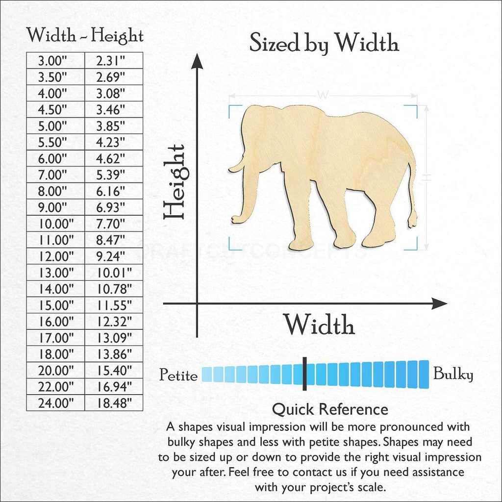 Sizes available for a laser cut Elephant -3 craft blank