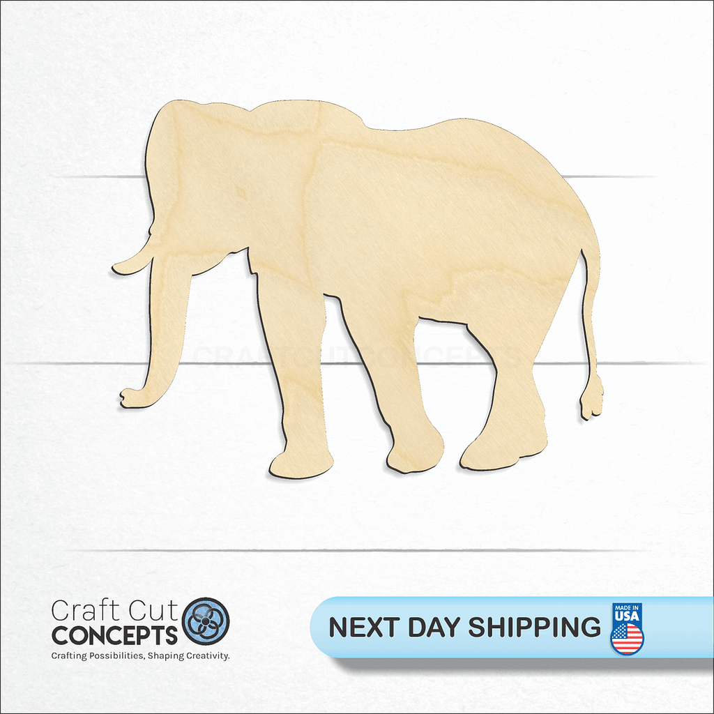 Craft Cut Concepts logo and next day shipping banner with an unfinished wood Elephant -3 craft shape and blank