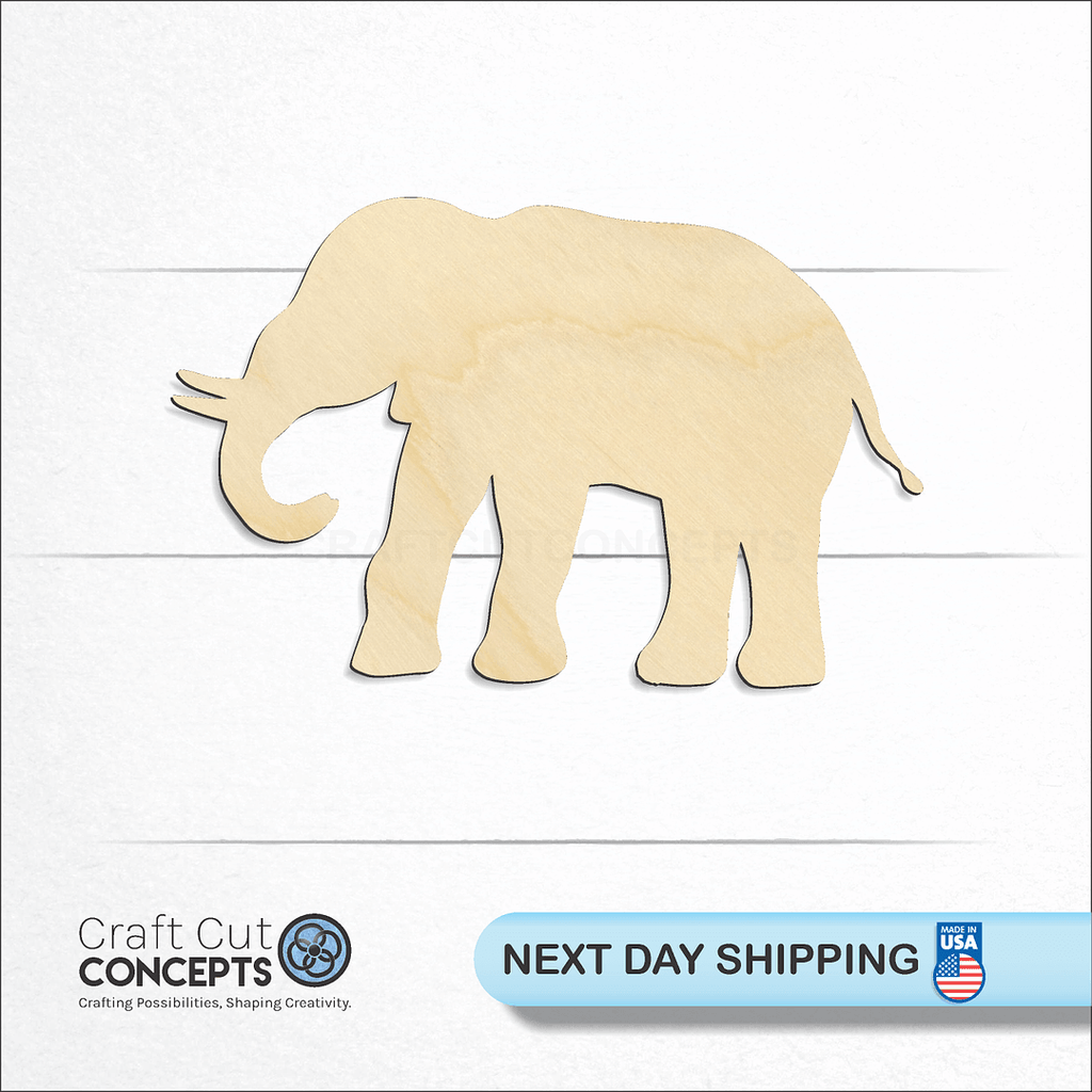 Craft Cut Concepts logo and next day shipping banner with an unfinished wood Elephant -5 craft shape and blank