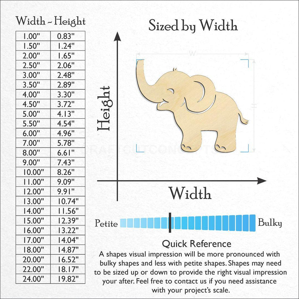 Sizes available for a laser cut Elephant craft blank