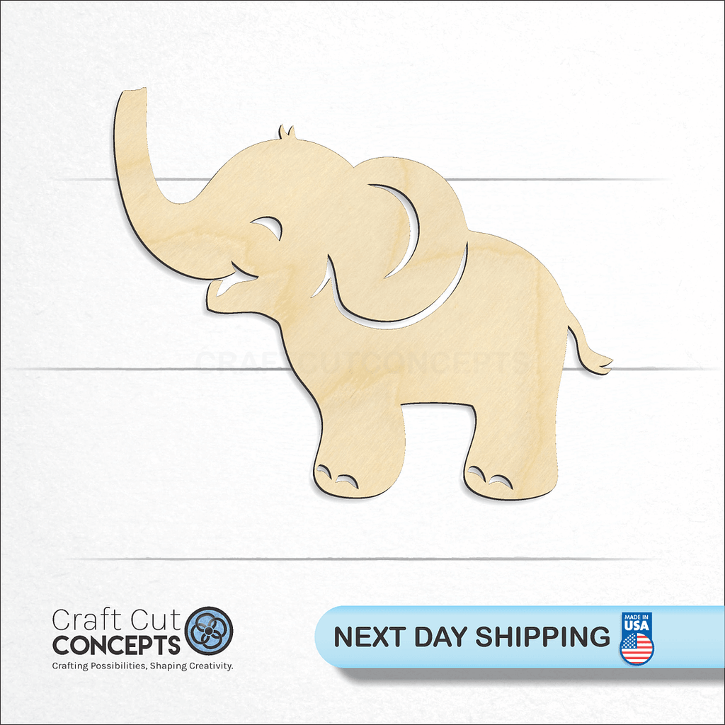 Craft Cut Concepts logo and next day shipping banner with an unfinished wood Elephant craft shape and blank