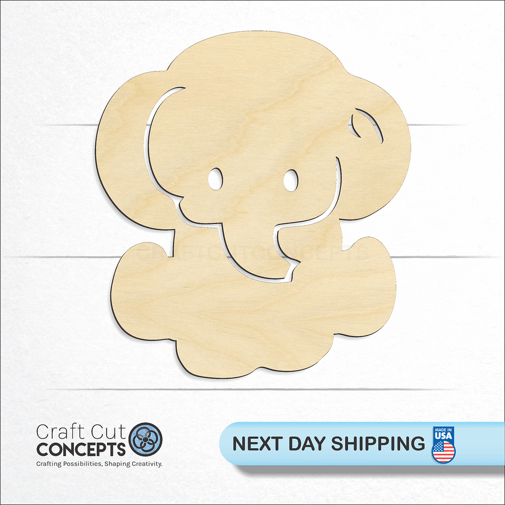 Craft Cut Concepts logo and next day shipping banner with an unfinished wood Elephant craft shape and blank