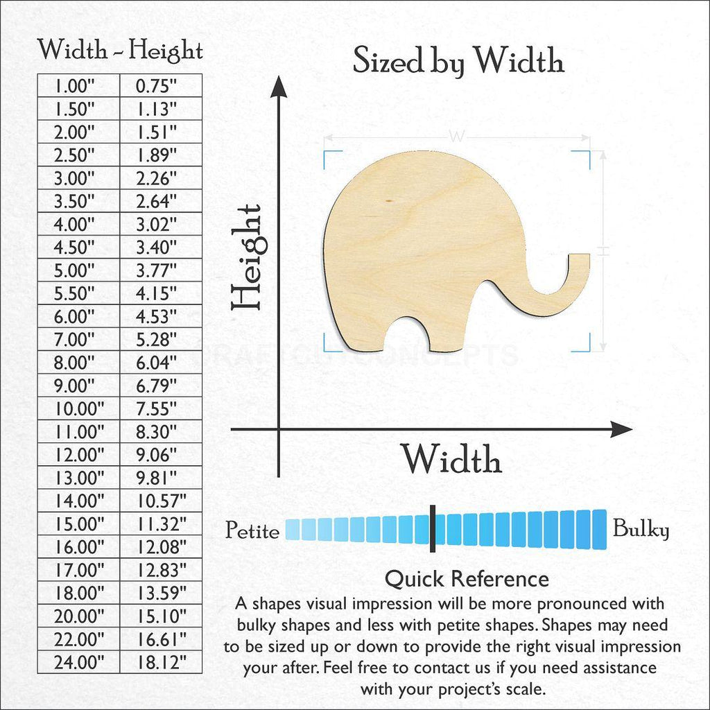 Sizes available for a laser cut Elephant craft blank