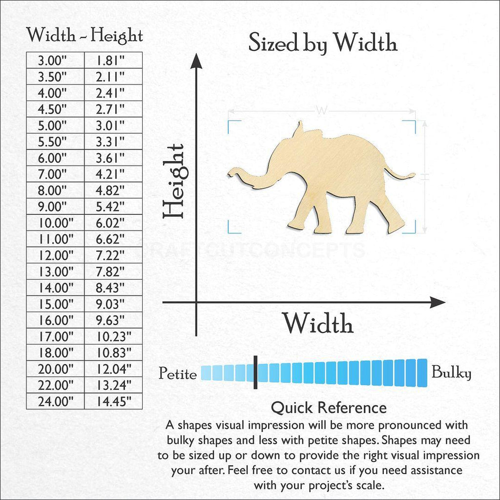 Sizes available for a laser cut Elephant craft blank