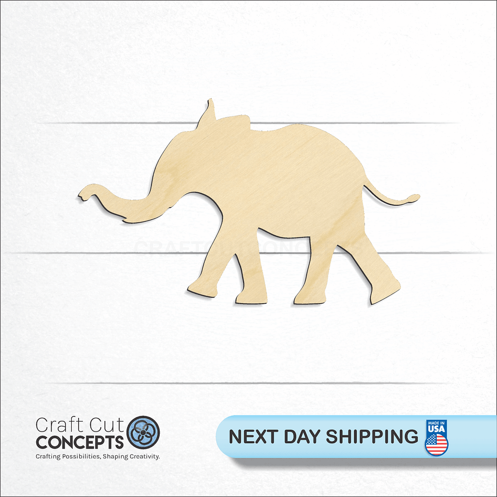 Craft Cut Concepts logo and next day shipping banner with an unfinished wood Elephant craft shape and blank