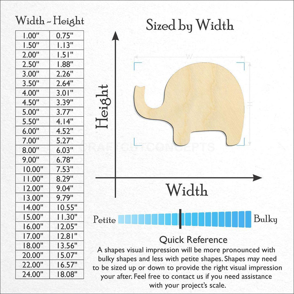 Sizes available for a laser cut Elephant craft blank