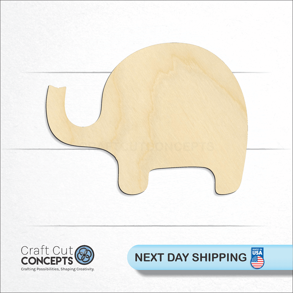 Craft Cut Concepts logo and next day shipping banner with an unfinished wood Elephant craft shape and blank