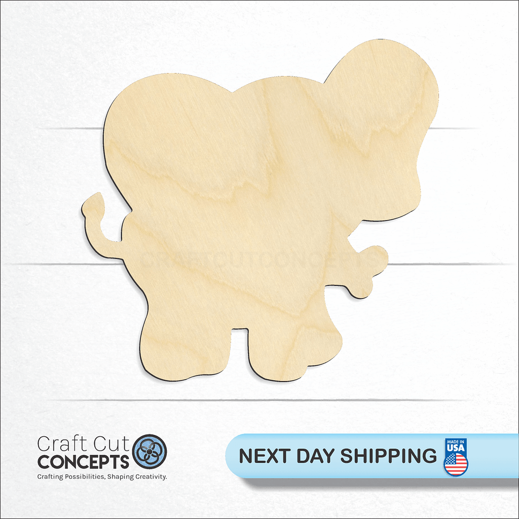 Craft Cut Concepts logo and next day shipping banner with an unfinished wood Cute Elephant craft shape and blank