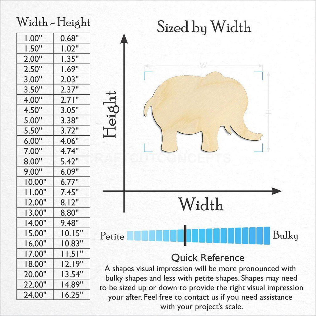 Sizes available for a laser cut Cute Elephant craft blank