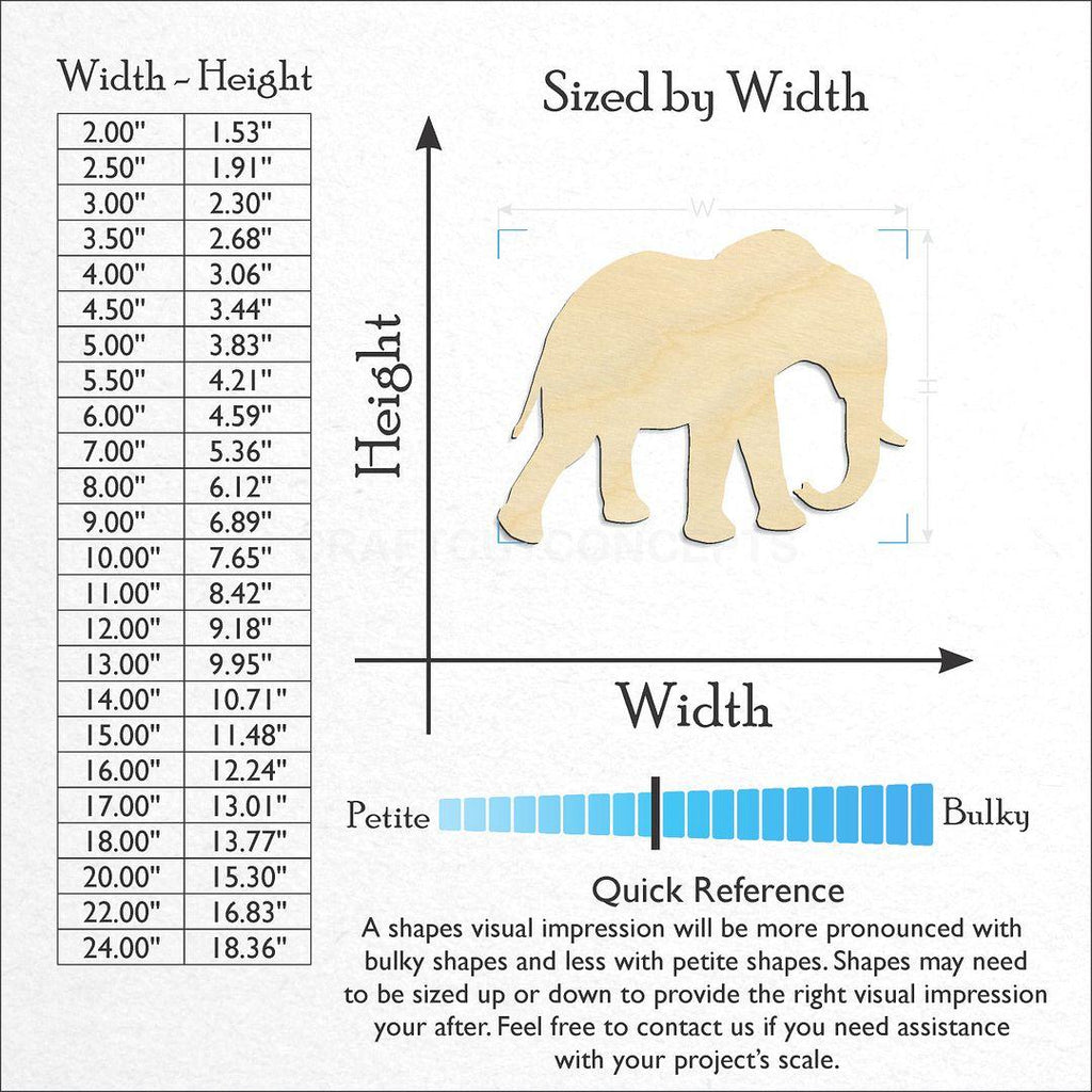 Sizes available for a laser cut Elephant craft blank