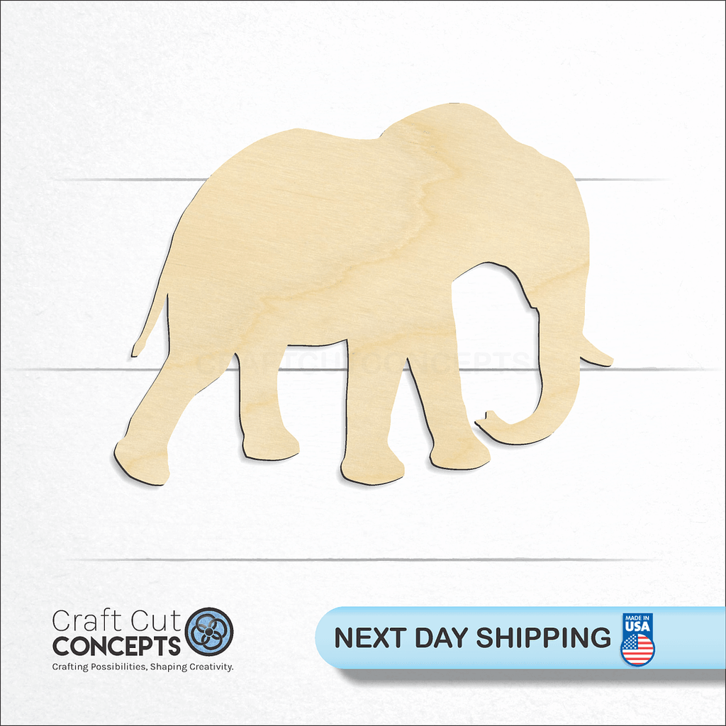 Craft Cut Concepts logo and next day shipping banner with an unfinished wood Elephant craft shape and blank