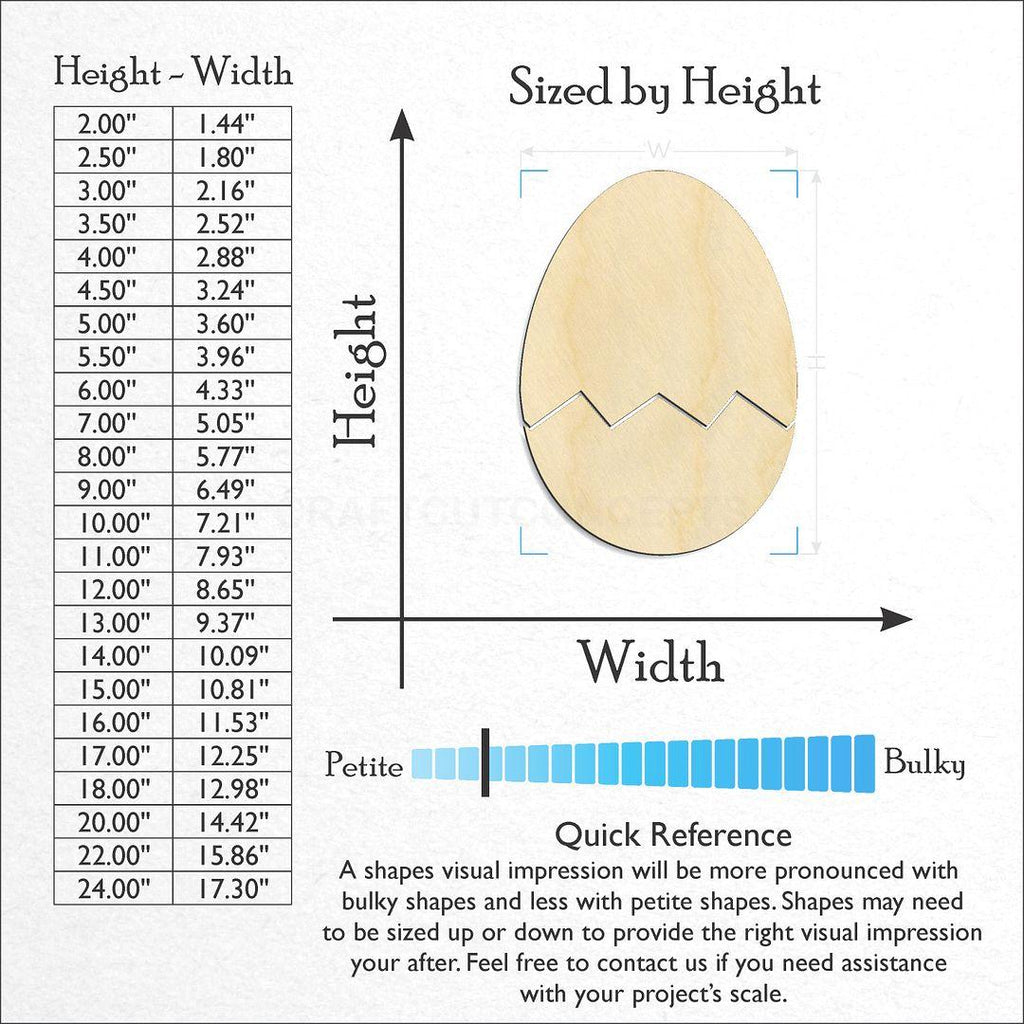 Sizes available for a laser cut Cracked Egg craft blank