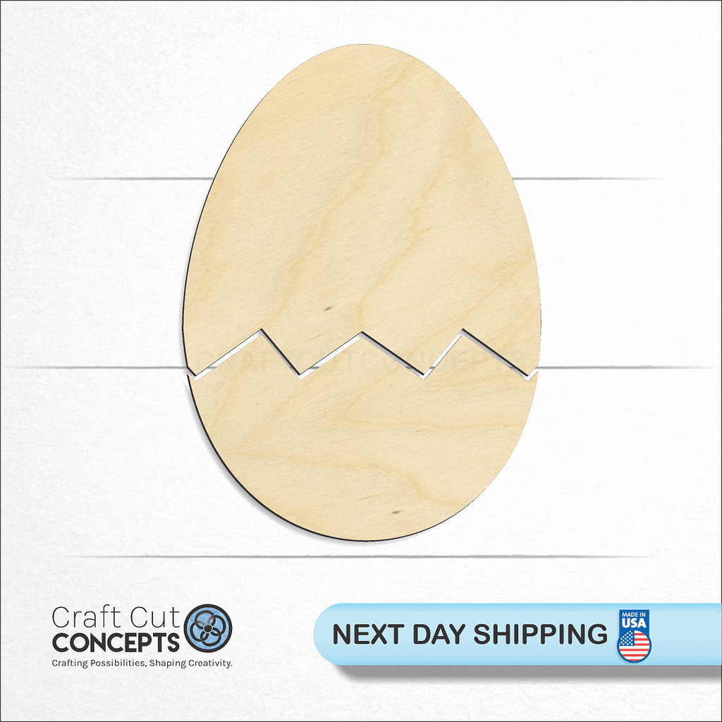 Craft Cut Concepts logo and next day shipping banner with an unfinished wood Cracked Egg craft shape and blank