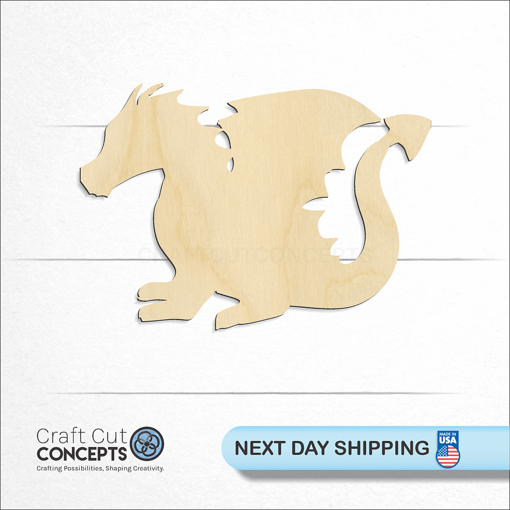 Craft Cut Concepts logo and next day shipping banner with an unfinished wood Dragon -3 craft shape and blank