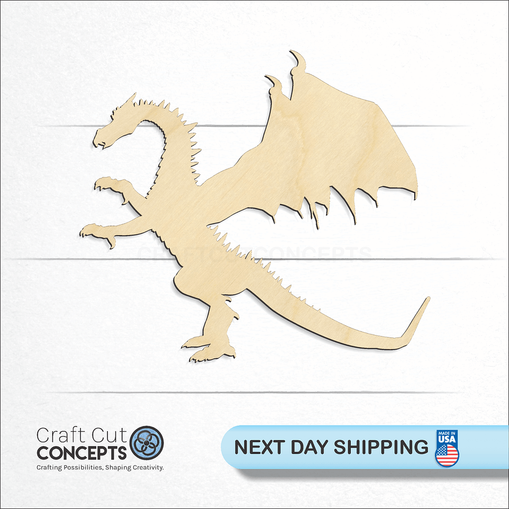 Craft Cut Concepts logo and next day shipping banner with an unfinished wood Dragon -4 craft shape and blank