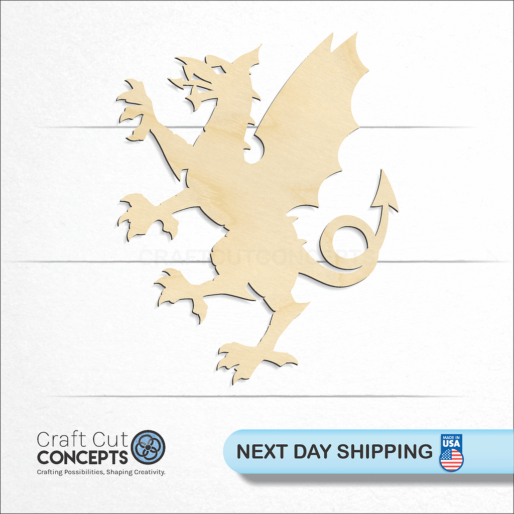 Craft Cut Concepts logo and next day shipping banner with an unfinished wood Dragon -5 craft shape and blank