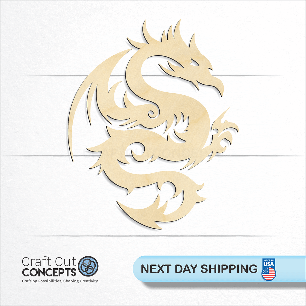 Craft Cut Concepts logo and next day shipping banner with an unfinished wood Dragon -6 craft shape and blank