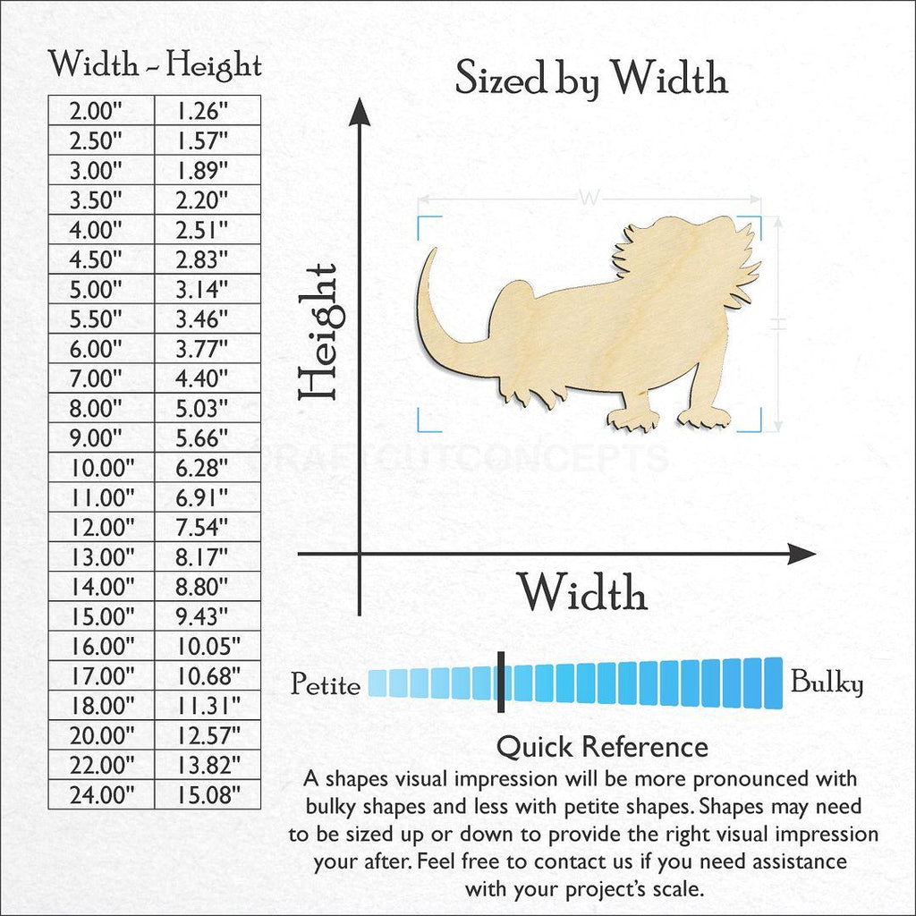 Sizes available for a laser cut Bearded Dragon craft blank