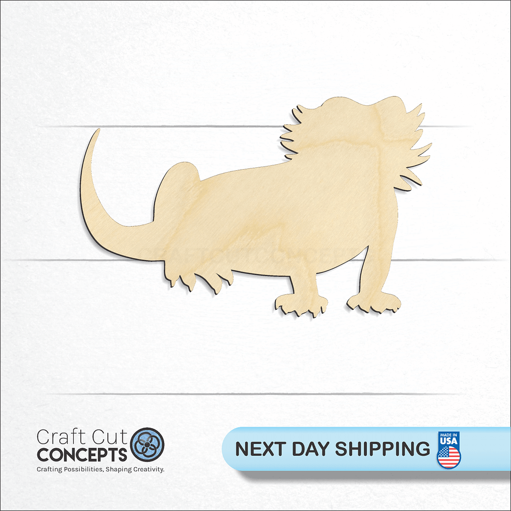 Craft Cut Concepts logo and next day shipping banner with an unfinished wood Bearded Dragon craft shape and blank