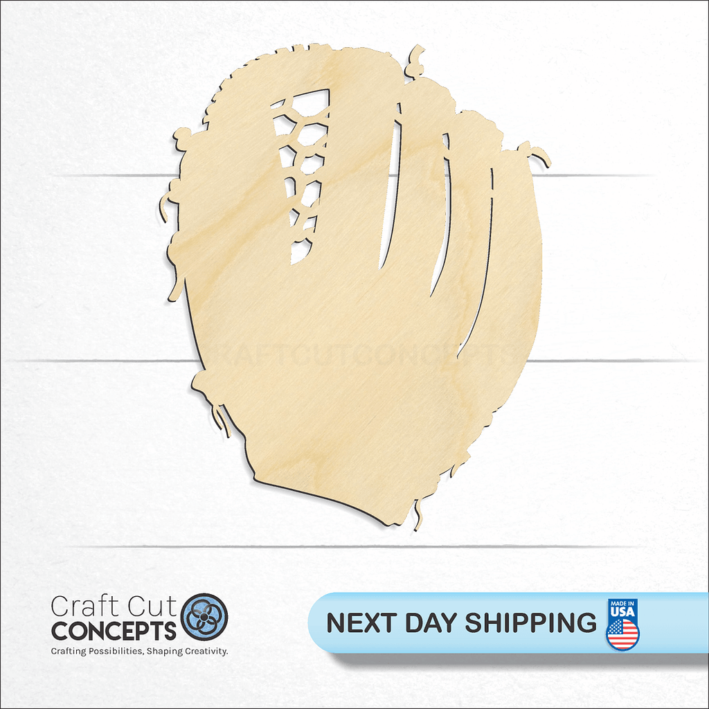 Craft Cut Concepts logo and next day shipping banner with an unfinished wood Baseball Glove -2 craft shape and blank