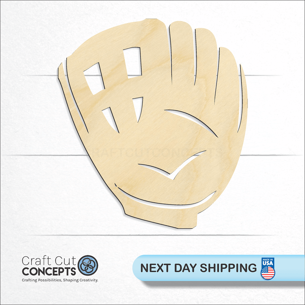 Craft Cut Concepts logo and next day shipping banner with an unfinished wood Baseball Glove  craft shape and blank