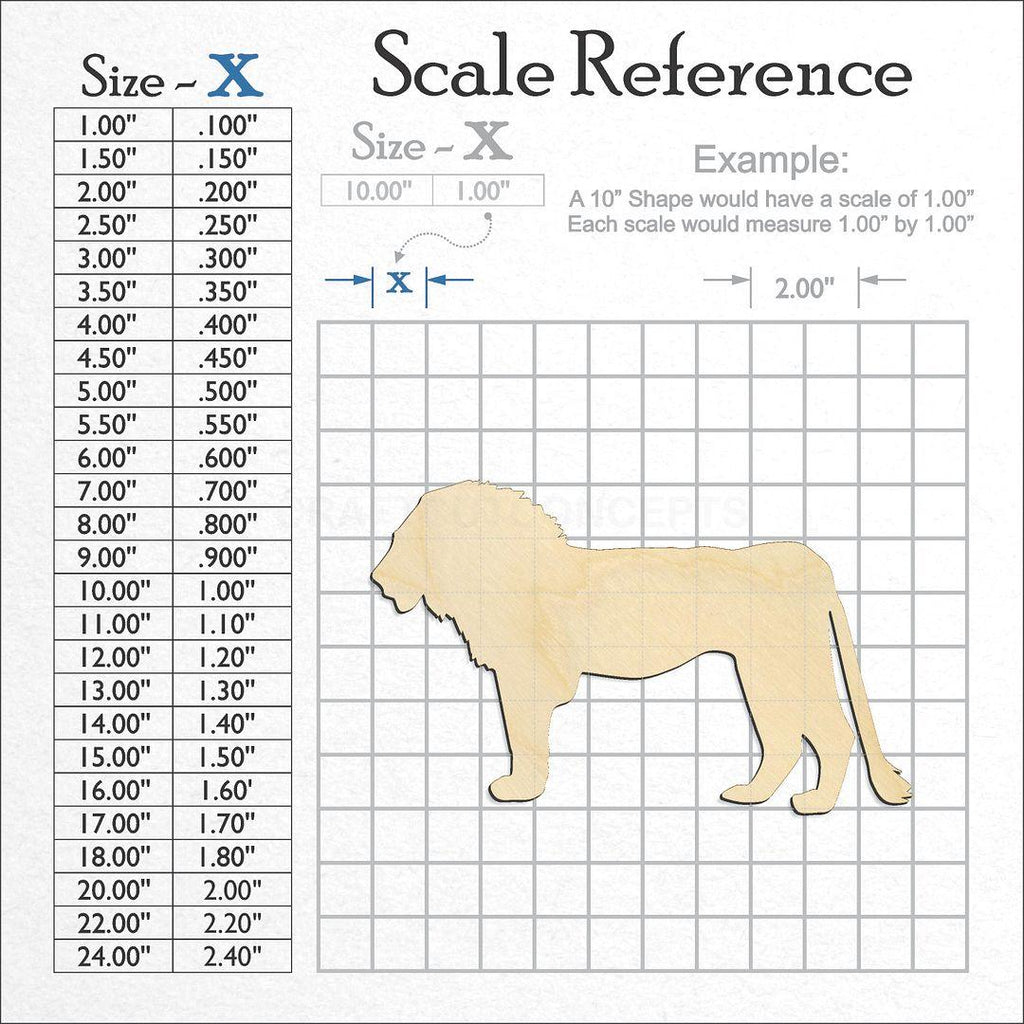 A scale and graph image showing a wood Lion -2 craft blank