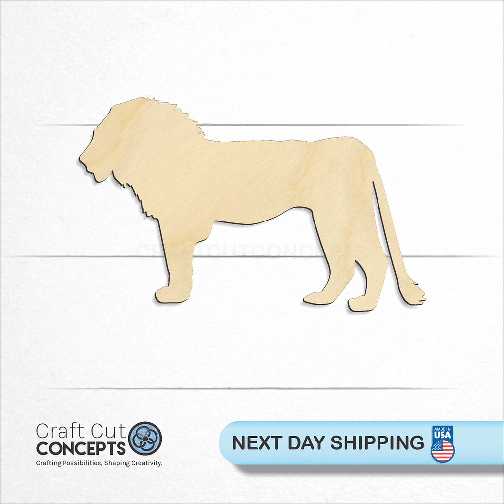 Craft Cut Concepts logo and next day shipping banner with an unfinished wood Lion -2 craft shape and blank