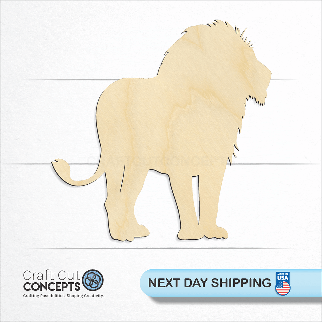 Craft Cut Concepts logo and next day shipping banner with an unfinished wood Lion -3 craft shape and blank