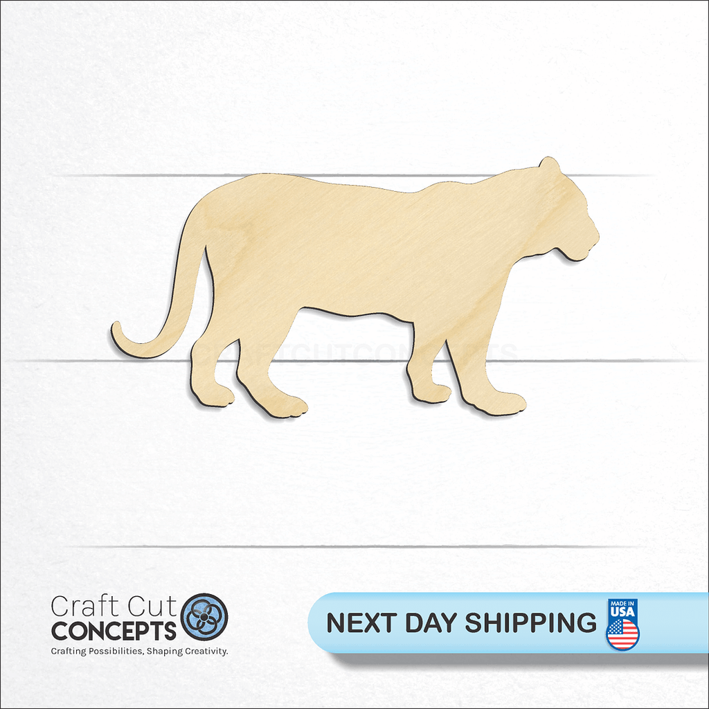 Craft Cut Concepts logo and next day shipping banner with an unfinished wood Lioness -4 craft shape and blank