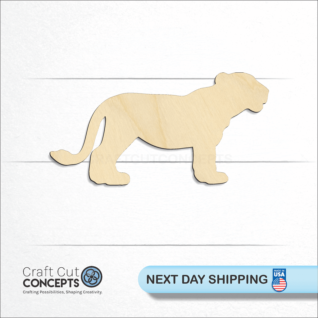 Craft Cut Concepts logo and next day shipping banner with an unfinished wood Lion Cub -5 craft shape and blank