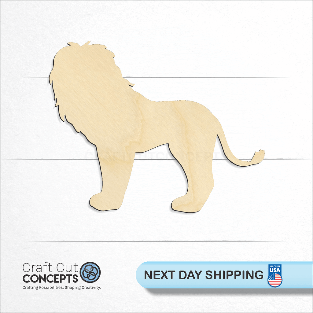 Craft Cut Concepts logo and next day shipping banner with an unfinished wood Lion -6 craft shape and blank