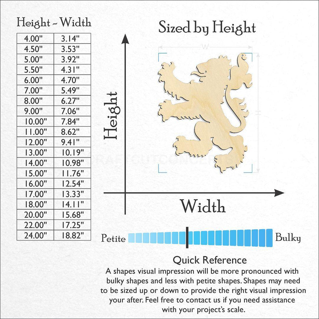 Sizes available for a laser cut Rampant Lion craft blank