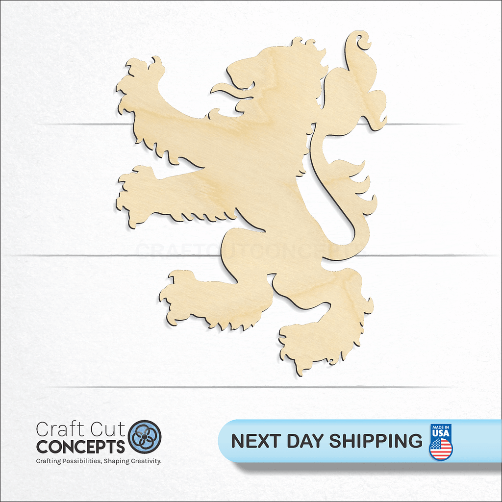 Craft Cut Concepts logo and next day shipping banner with an unfinished wood Rampant Lion craft shape and blank