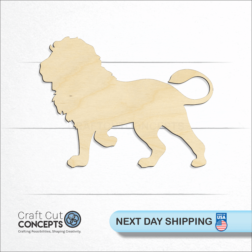 Craft Cut Concepts logo and next day shipping banner with an unfinished wood Lion craft shape and blank