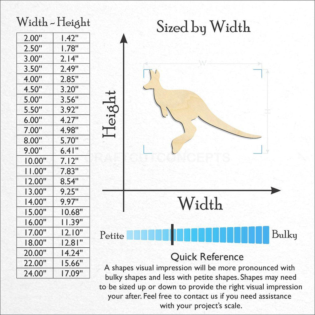 Sizes available for a laser cut Kangaroo -2 craft blank