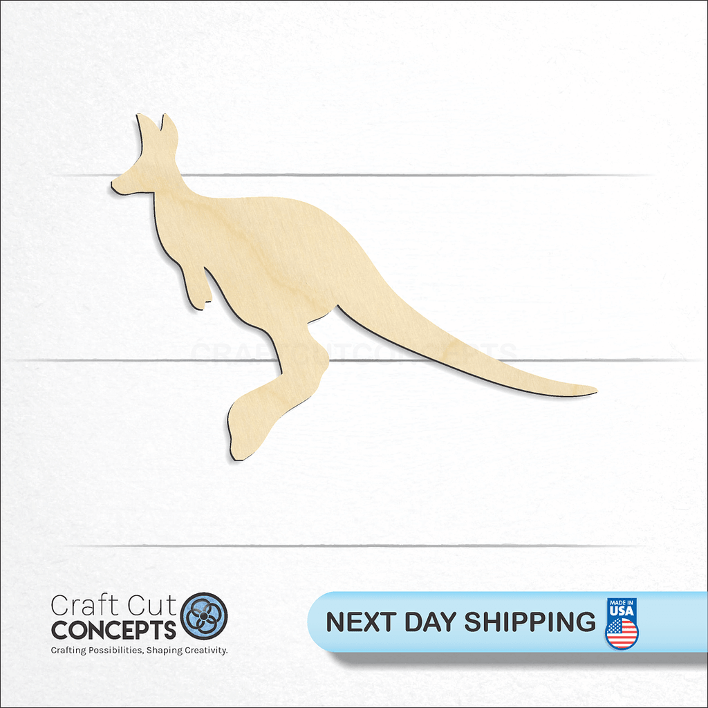 Craft Cut Concepts logo and next day shipping banner with an unfinished wood Kangaroo -2 craft shape and blank