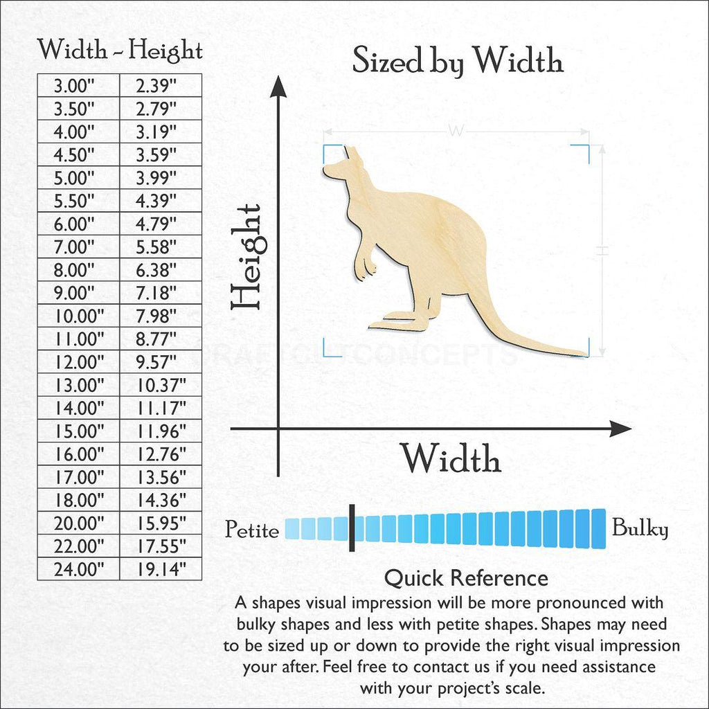 Sizes available for a laser cut Kangaroo -3 craft blank