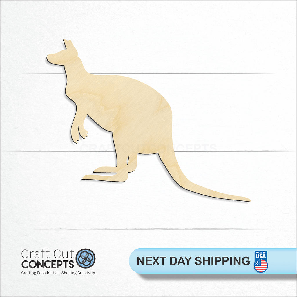 Craft Cut Concepts logo and next day shipping banner with an unfinished wood Kangaroo -3 craft shape and blank