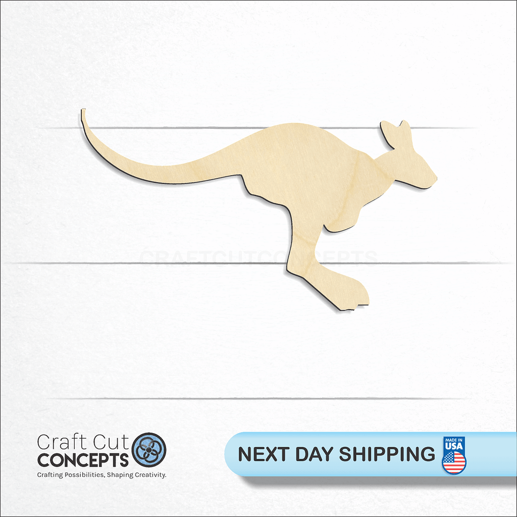 Craft Cut Concepts logo and next day shipping banner with an unfinished wood Kangaroo 1 craft shape and blank