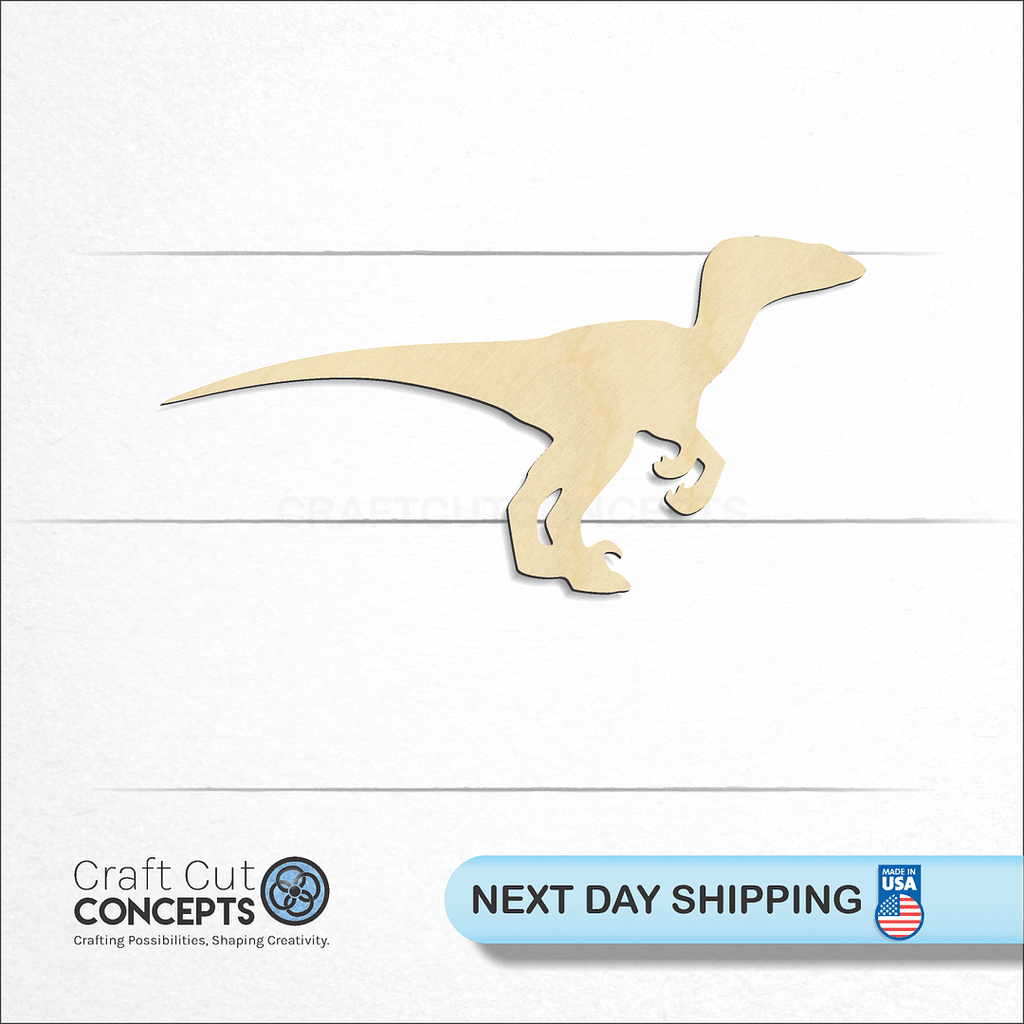 Craft Cut Concepts logo and next day shipping banner with an unfinished wood Dinosaur -6 craft shape and blank