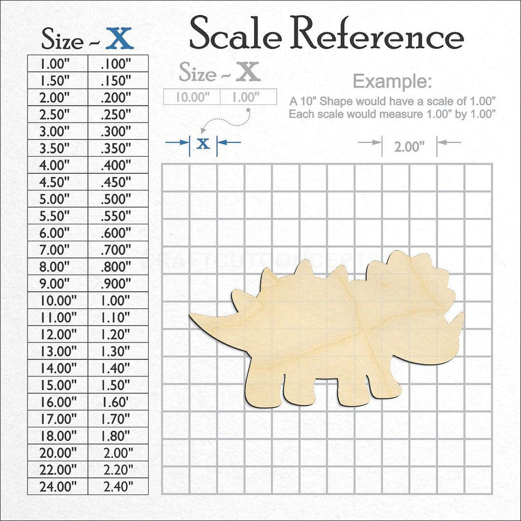 A scale and graph image showing a wood Dinosaur Baby Triceratops craft blank