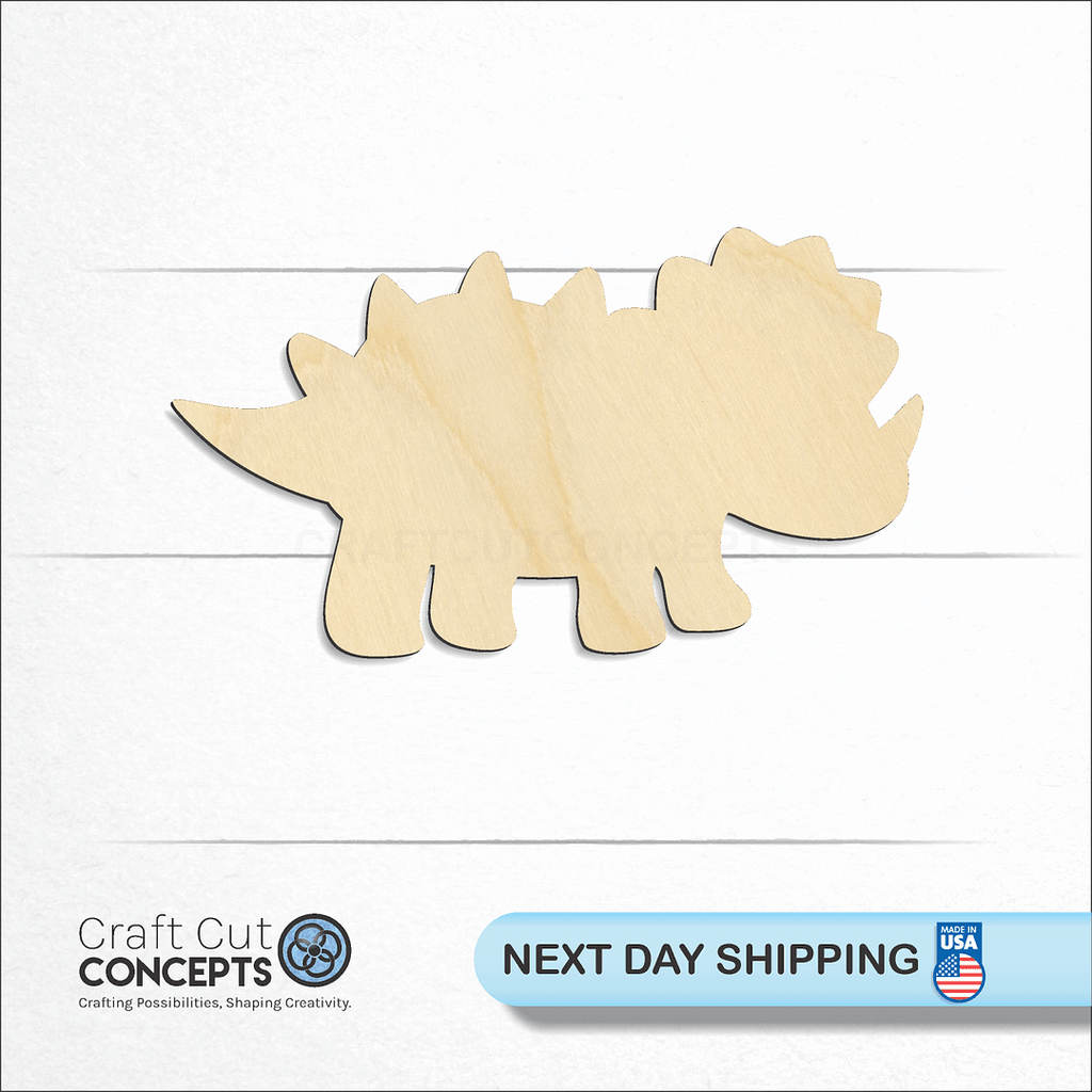 Craft Cut Concepts logo and next day shipping banner with an unfinished wood Dinosaur Baby Triceratops craft shape and blank