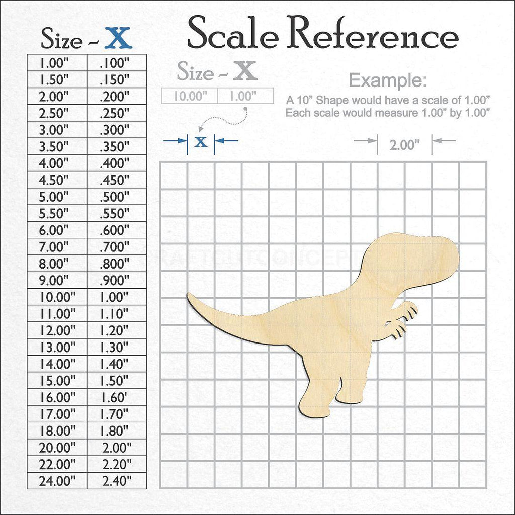 A scale and graph image showing a wood Dinosaur Baby Trex craft blank