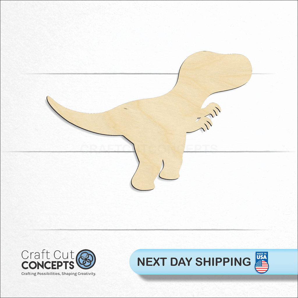 Craft Cut Concepts logo and next day shipping banner with an unfinished wood Dinosaur Baby Trex craft shape and blank