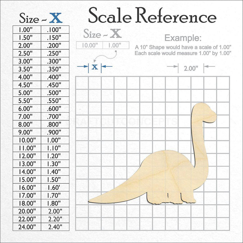 A scale and graph image showing a wood Dinosaur Baby Brontosaurus craft blank