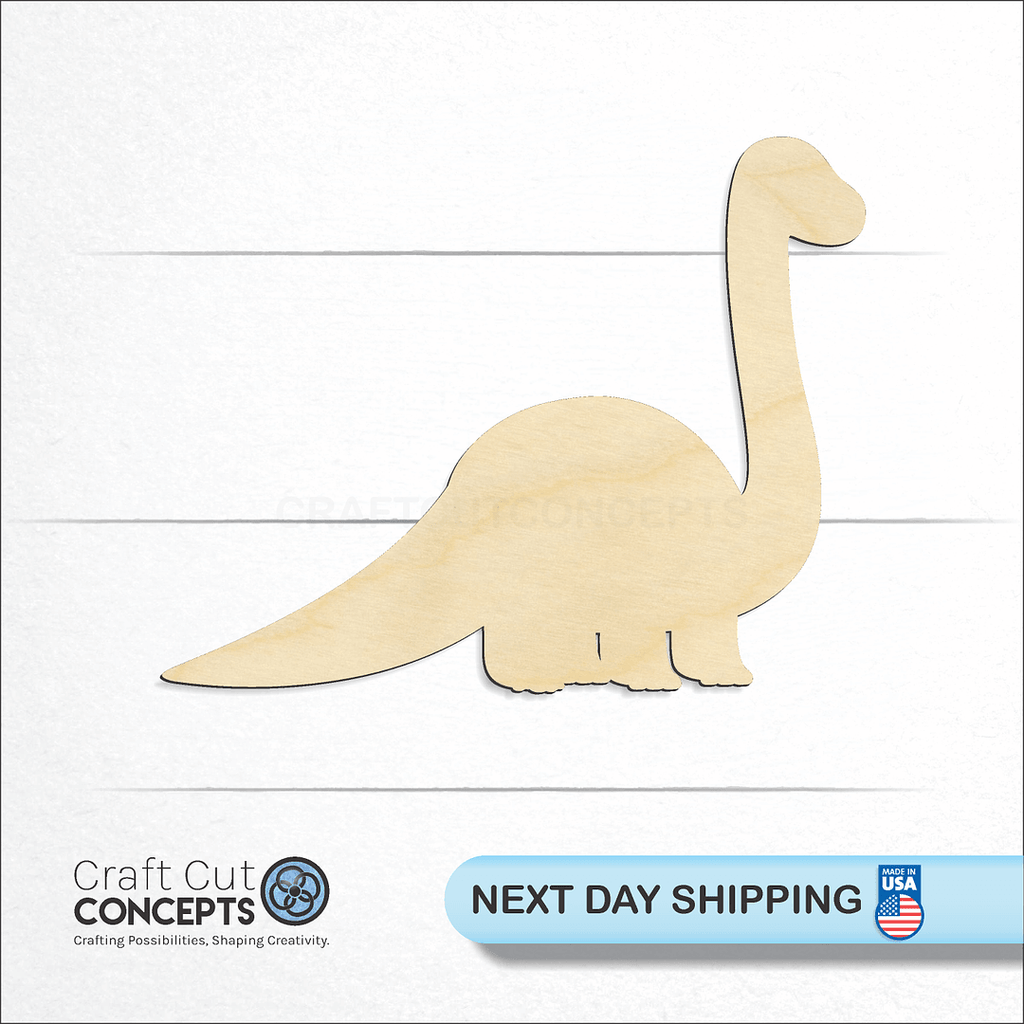 Craft Cut Concepts logo and next day shipping banner with an unfinished wood Dinosaur Baby Brontosaurus craft shape and blank