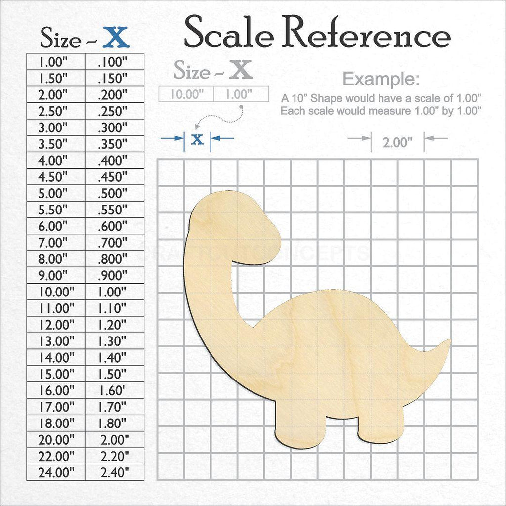 A scale and graph image showing a wood Dinosaur Baby Brontosaurus craft blank