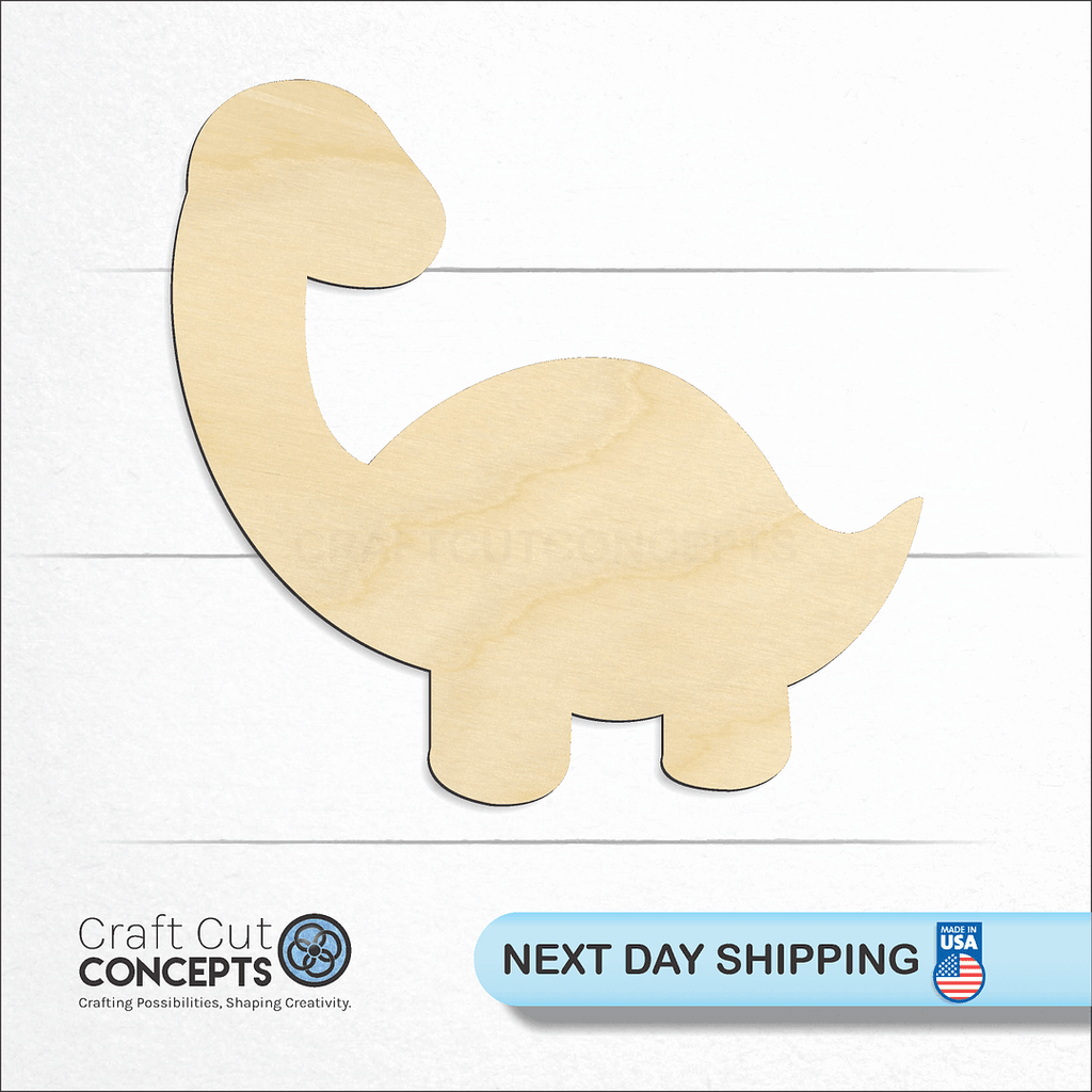 Craft Cut Concepts logo and next day shipping banner with an unfinished wood Dinosaur Baby Brontosaurus craft shape and blank